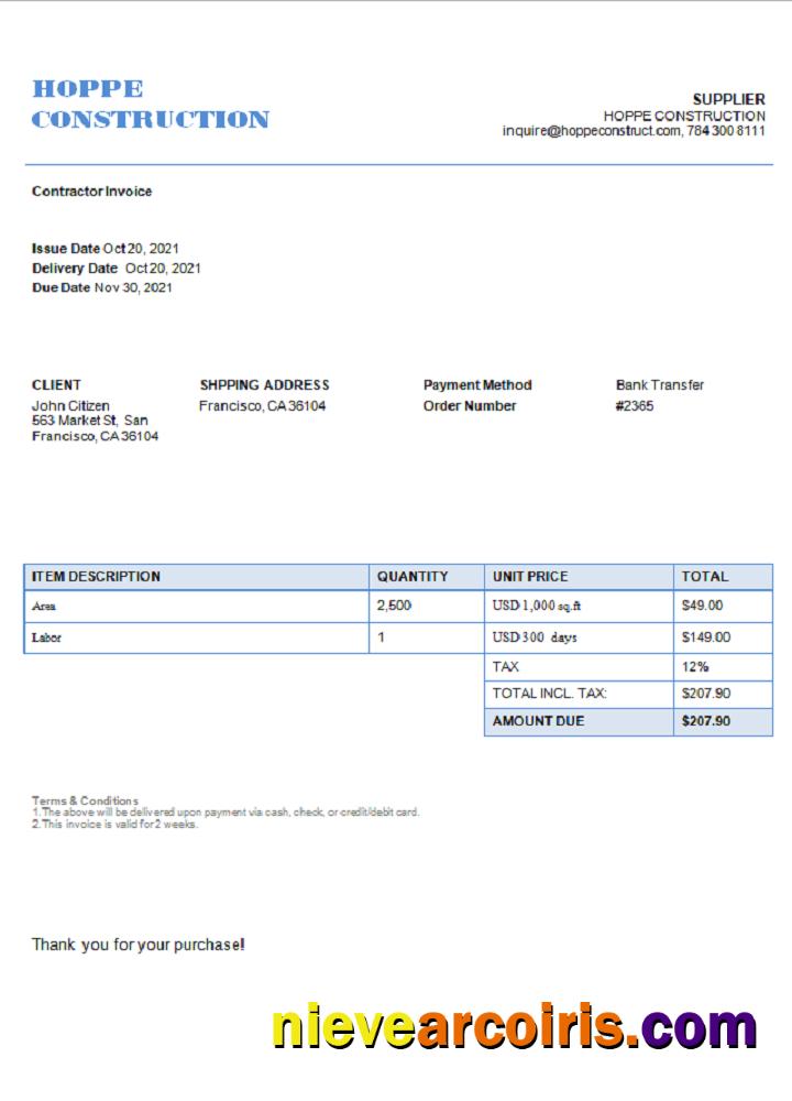 USA Hope Construction invoice